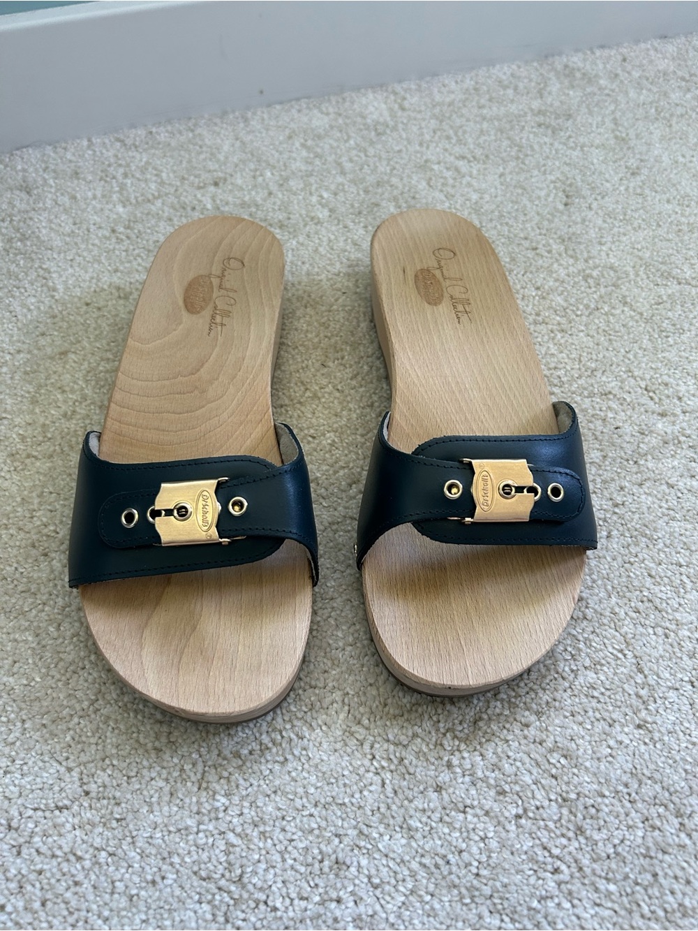 Dr. Scholl's Black Slide Mules with Gold Buckle